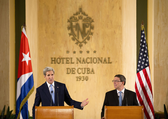 Secretary of State John Kerry and Cuban Foreign Minister Bruno Rodriguez participate in a joint news conference at the Hotel Nacional in Havana, Cuba, Friday, Aug. 14, 2015. Kerry traveled to the Cuban capital to raise the U.S. flag and formally reopen the long-closed U.S. Embassy. Cuba and U.S. officially restored diplomatic relations July 20, as part of efforts to normalize ties between the former Cold War foes. (AP Photo/Pablo Martinez Monsivais,Pool)
