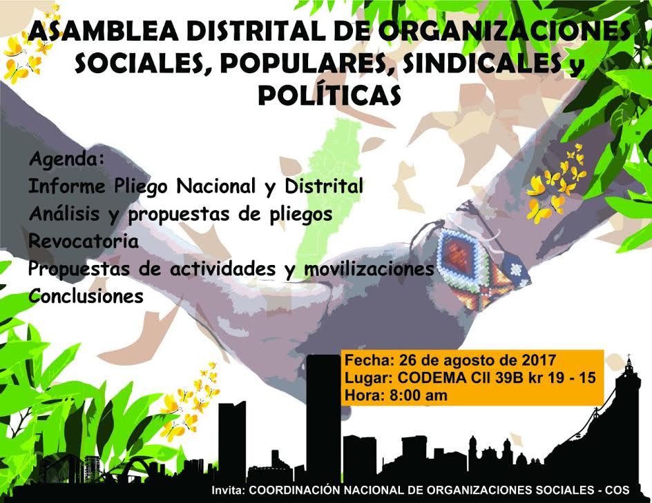 26 de agosto: Asamblea de organizaciones sociales, populares, sindicales y políticas en&nbsp;Bogotá