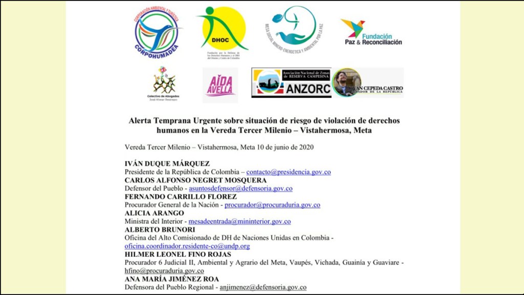Alerta Temprana Urgente sobre situación de riesgo de violación de derechos&nbsp;humanos