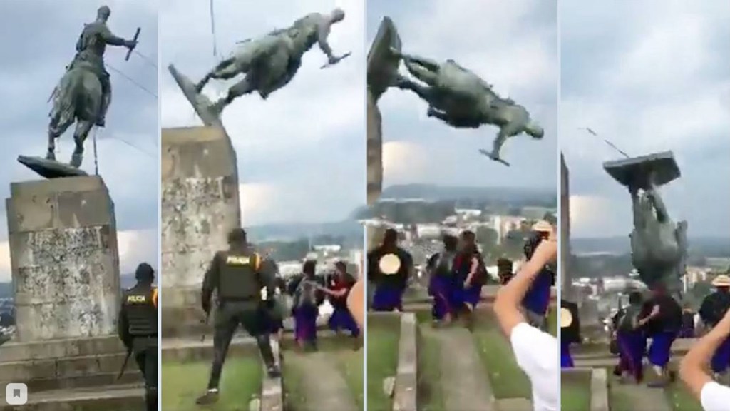 «500 años de esclavitud»: Indígenas Misak derriban la estatua del conquistador español Sebastián de Belalcázar en Colombia&nbsp;(VIDEO)